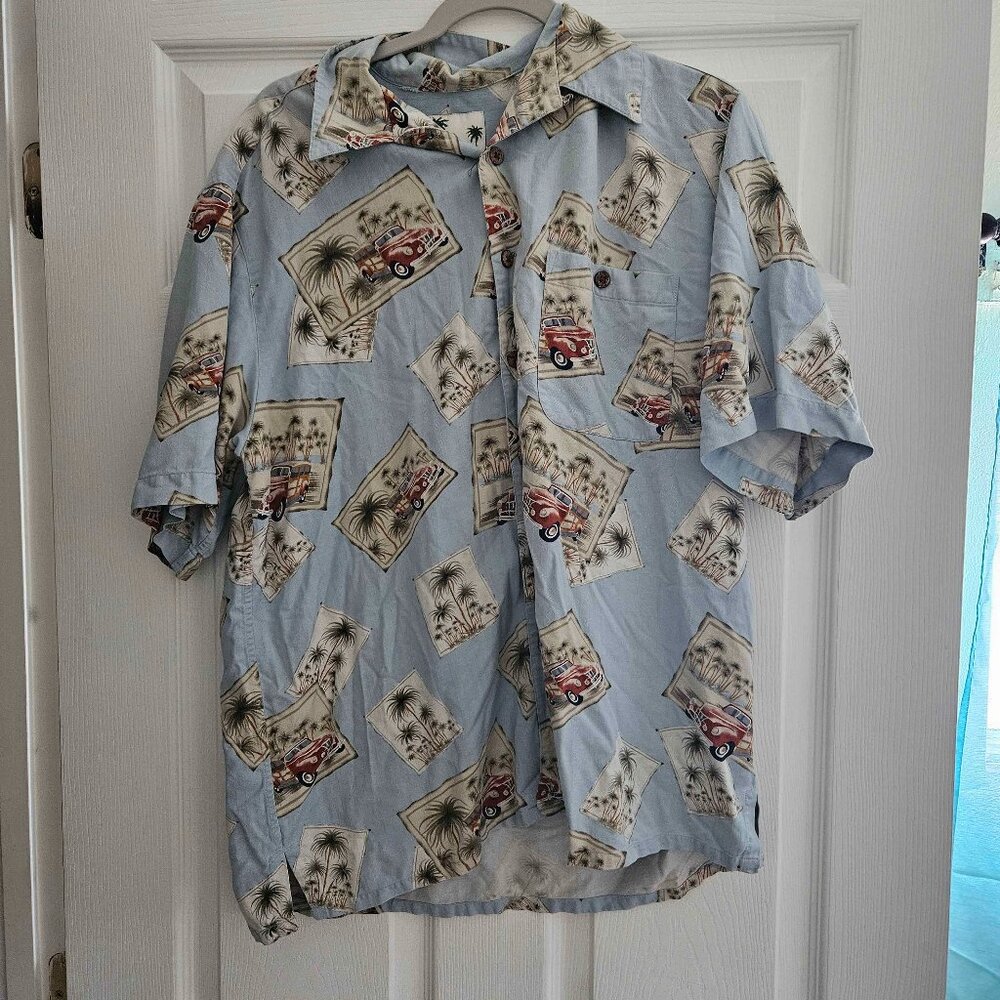 Vintage Banana Cabana Blue Hawaiian Silk Shirt Short Sleeve Men's Size L